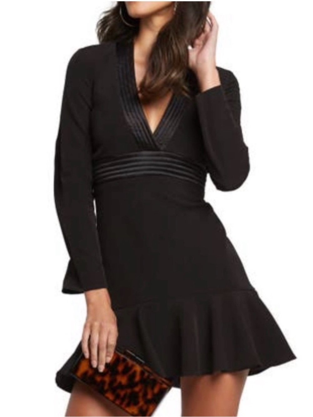 Bardot Black V-Neck Long Sleeve Flounce Hem Dress Sz s/6